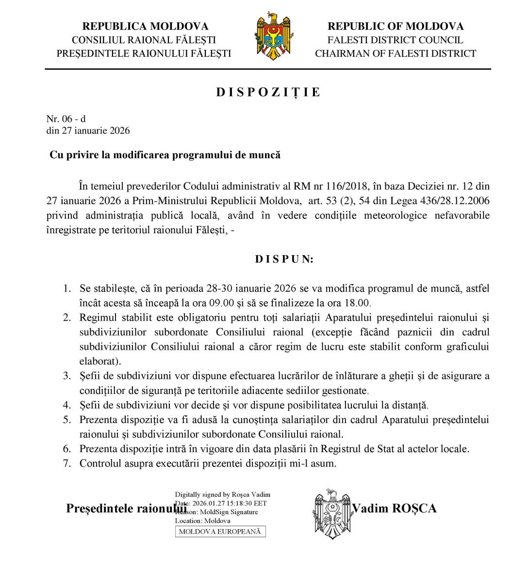 Modificarea programului de lucru în perioada 28-30 ianuarie 2026